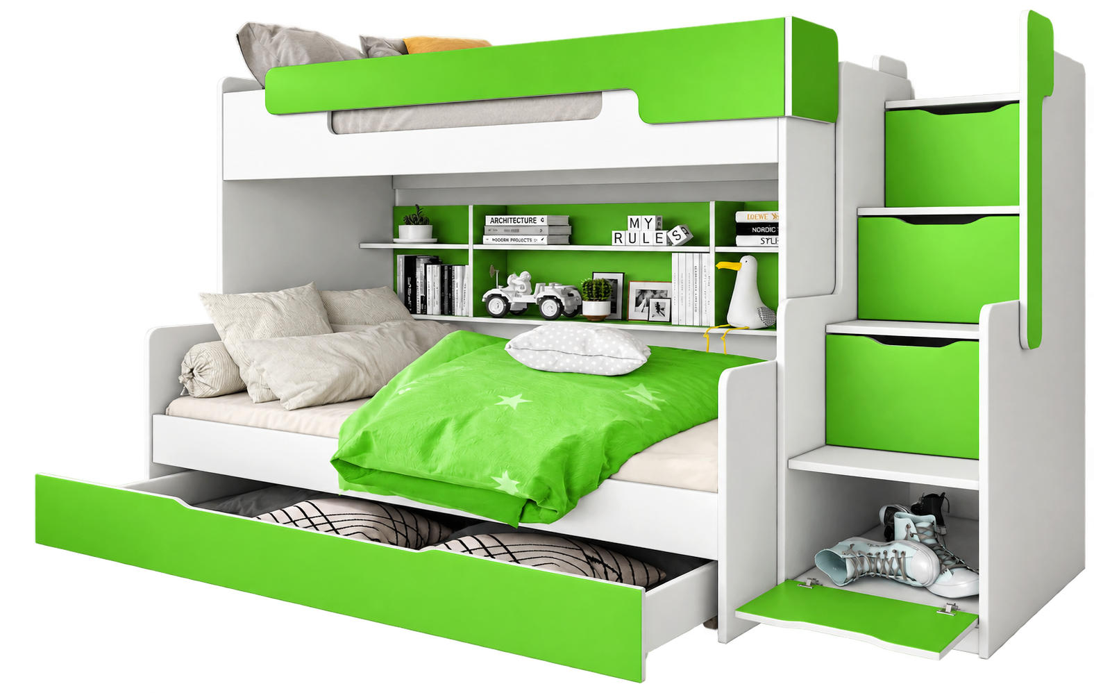 ETAGENBETT HARRY 260x129 cm – Stockbett für 2 Personen mit Treppe, Stauraum und 2 Matratzen - Grün, Holz (120/200cm) - Wohnideebilder