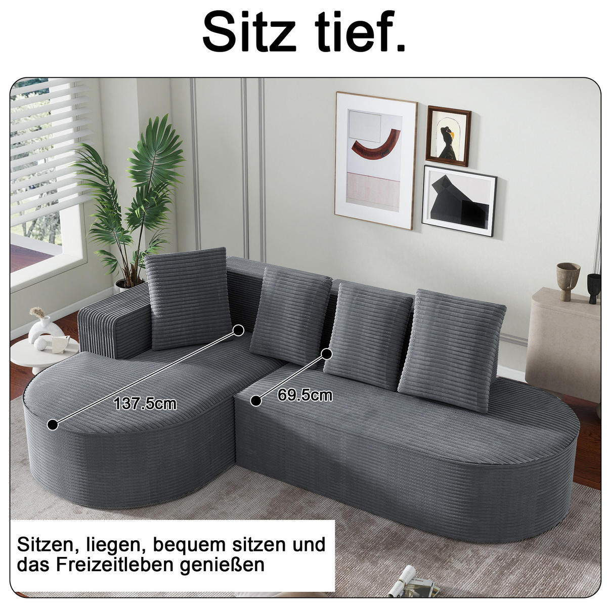 ECKSOFA Cord mit tiefer Sitzfläche, 4 Kissen 265/165/67 cm Grau - Grau, Textil (165/265cm) - Redom