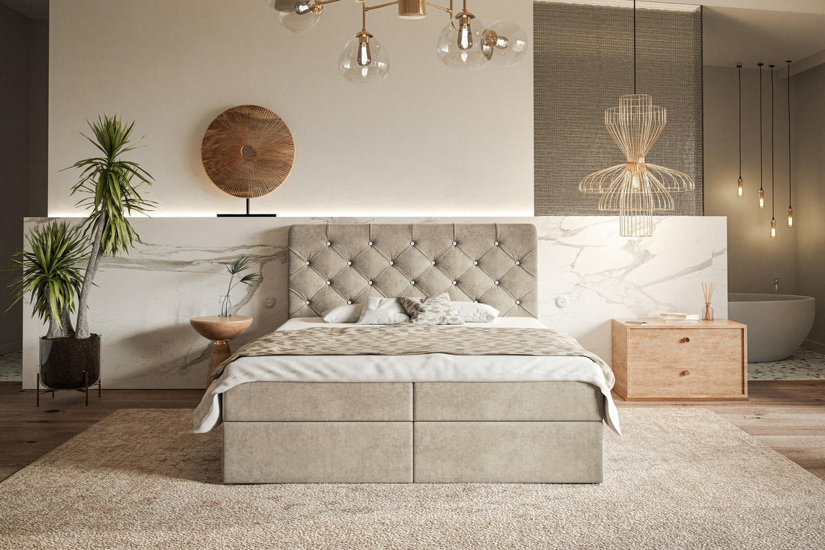 DOPPELBETT mit Matratze 140x200 Polo, Kristallknöpfen, Bettkasten, Beige - Beige, Holz/Textil (140/200cm) - Emporius