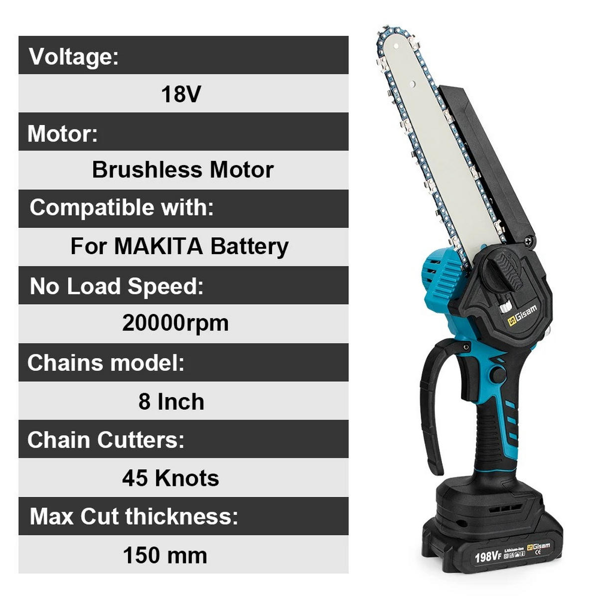 KETTENSÄGE 8 Zoll Bürstenlos Blau für Garten Holzbearbeitung, Mit 2 Akkus - Blau, Metall (15/7/40cm) - Coonoor