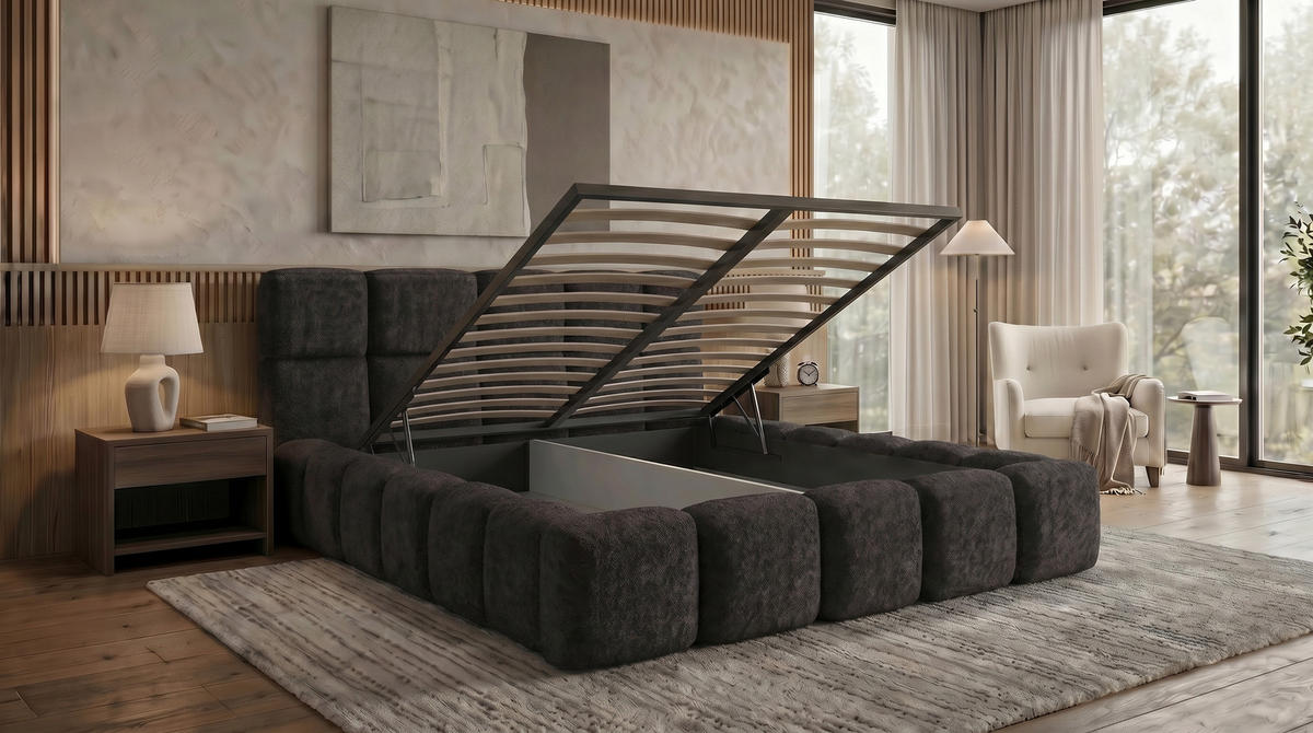 POLSTERBETT LOMBA 120x200 cm mit Bettkasten und Metall-Lattenrost – Bouclé Stoff Coral Schwarz - Schwarz, Textil (120/200cm) - Luxkor24