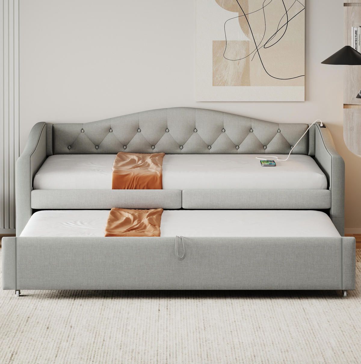 POLSTERBETT aus Leinen 90x200 cm Grau mit USB-Anschluss, ausziehbarer Funktion und Lattenrost - Grau, Textil (90/200cm) - Modfu