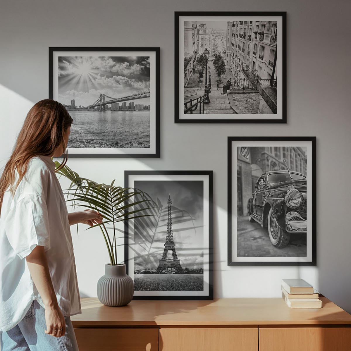 BILDER SET 4er Set - 50x50 cm & 40x60 cm Schwarzer Rahmen - Stadtansichten, Brücken, Eiffelturm, Auto - Schwarz, Kunststoff (50/50cm) - TULUP