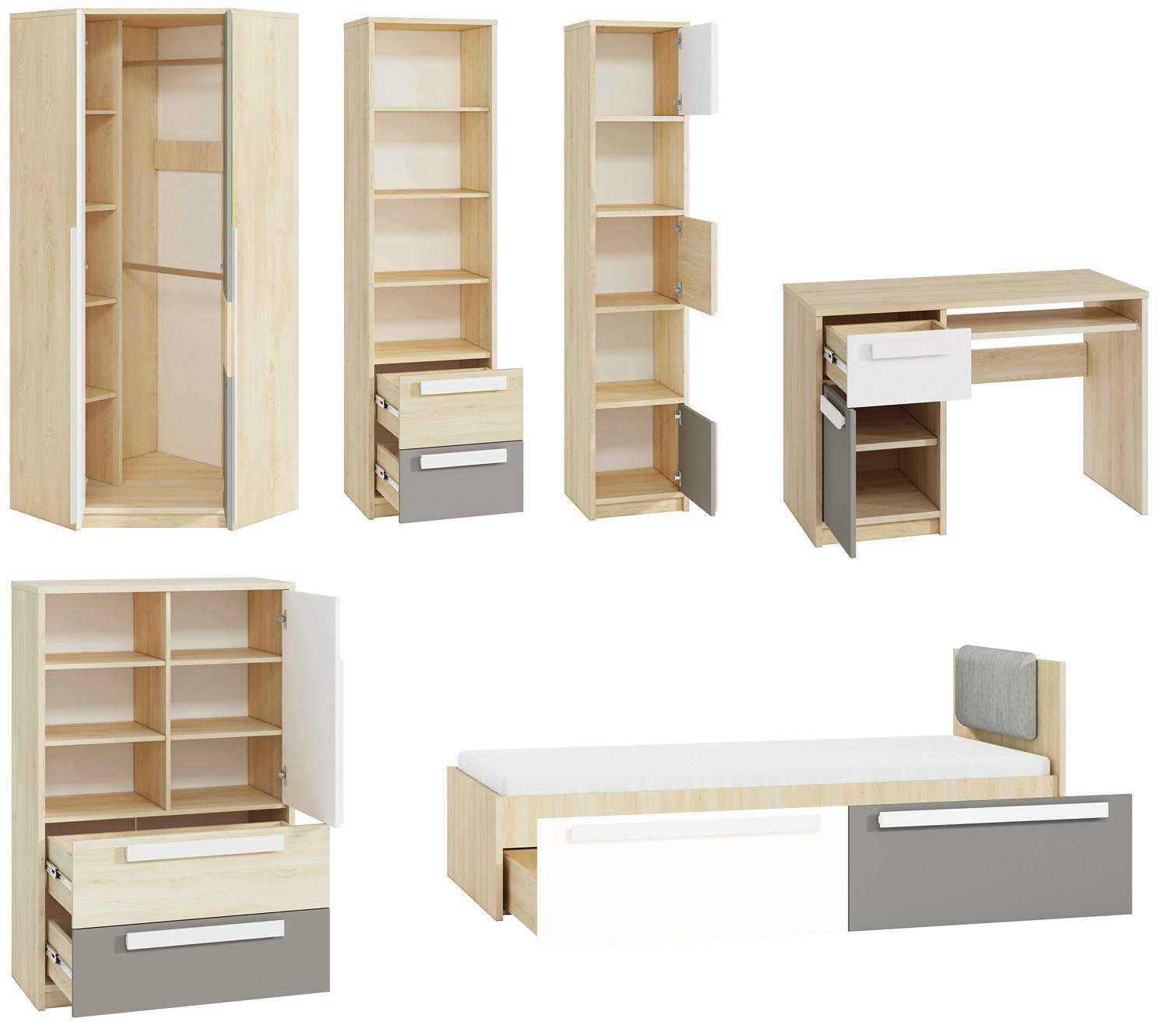 KINDERZIMMER-SET Drop Fjord Buche / Weiß / Grau 621 / 205 / 199cm - Multicolor/Weiß, Holz/Holzwerkstoff (621/199/205cm) - Feldmann-Wohnen