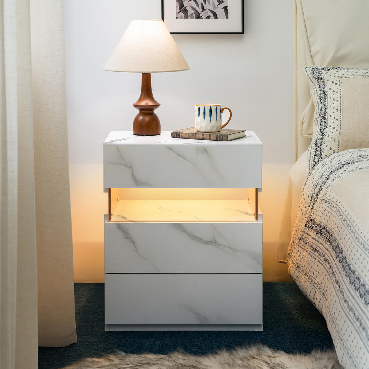 NACHTTISCH 38/48/61 cm mit 3 Schubladen, LED-Beleuchtung und Acrylblende, vielseitiger Stauraum, Mattweiß - Weiß, Holzwerkstoff (38/61/48cm) - Redom