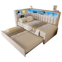 AUSZIEHBETT 90/200 cm DE-00770, in Beige, LED und L-Kopfteil - Beige, Holz (90/200cm) - ComfortXL
