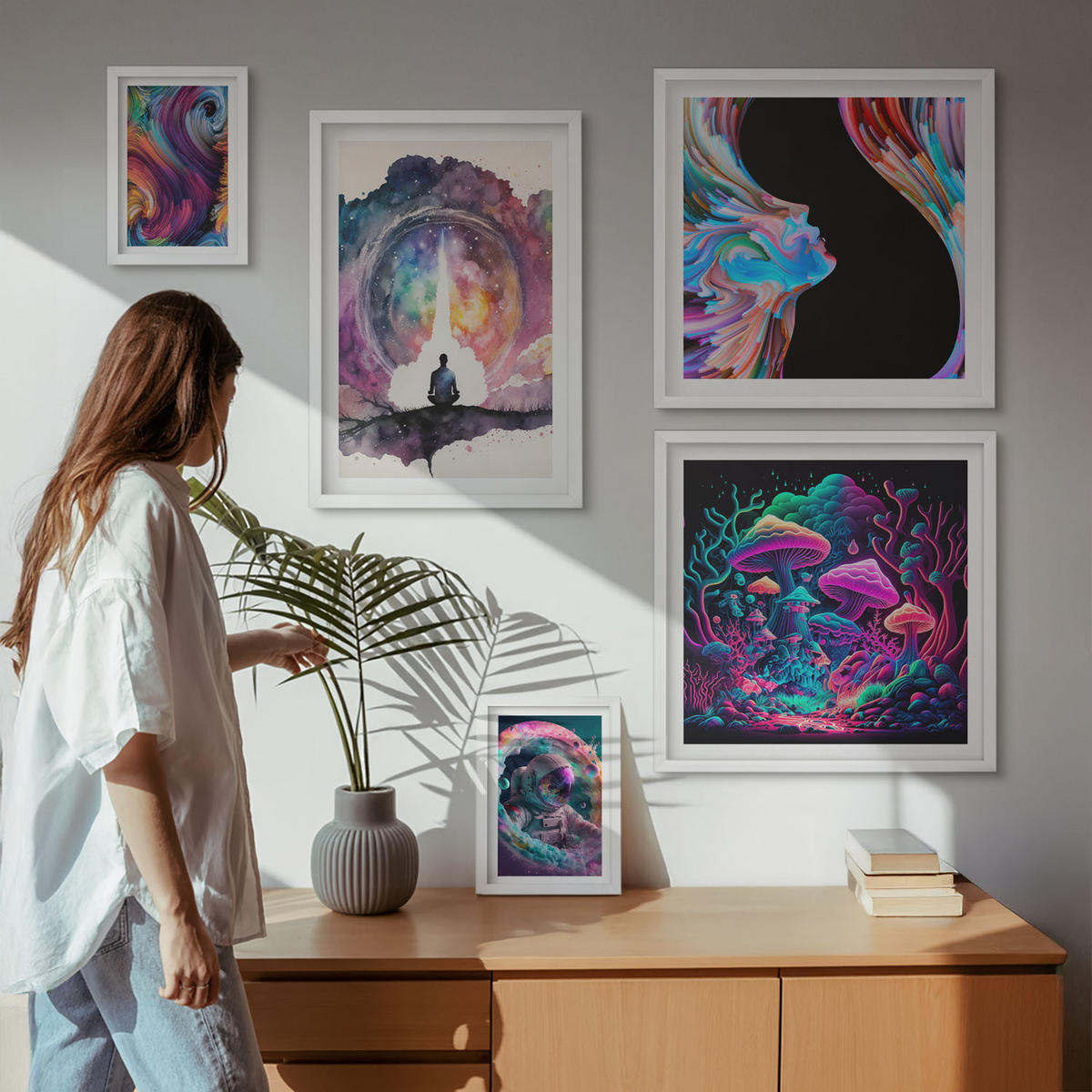 BILDER SET 5er Set - 50x50 cm & 20x30 cm & 40x60 cm Weißer Rahmen - Farbenfrohe Fantasy-Kunstillustrationen - Weiß, Kunststoff (40/60cm) - TULUP