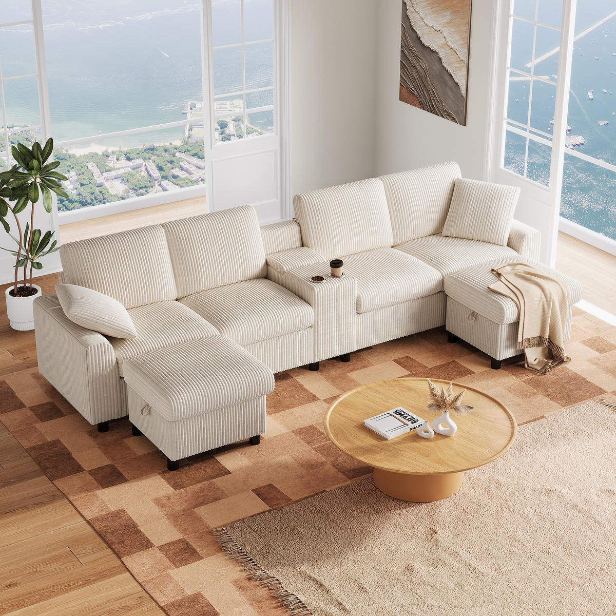 SOFA U Oblik Corduroy 315x135x81 cm Bež - bež, tekstil (135/81/315cm) - FLIEKS