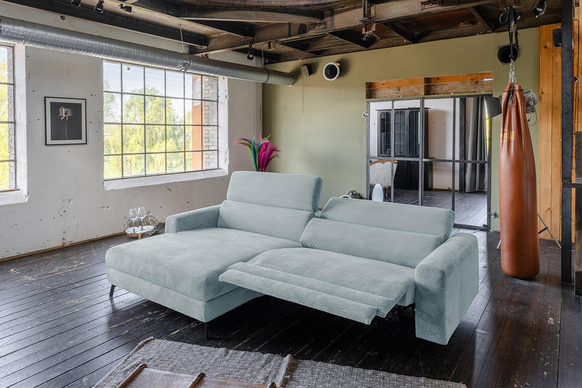 ECKSOFA LAISKA Hellblau Cord Relaxfunktion - Schwarz/Hellblau, Textil/Metall (282/177cm) - KAWOLA