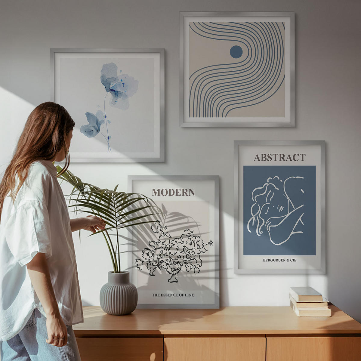 BILDER SET 4er Set - 50x50 cm & 40x60 cm Silberner Rahmen - abstrakte Poster mit Blumenlinien - Silberfarben, Kunststoff (50/50cm) - TULUP