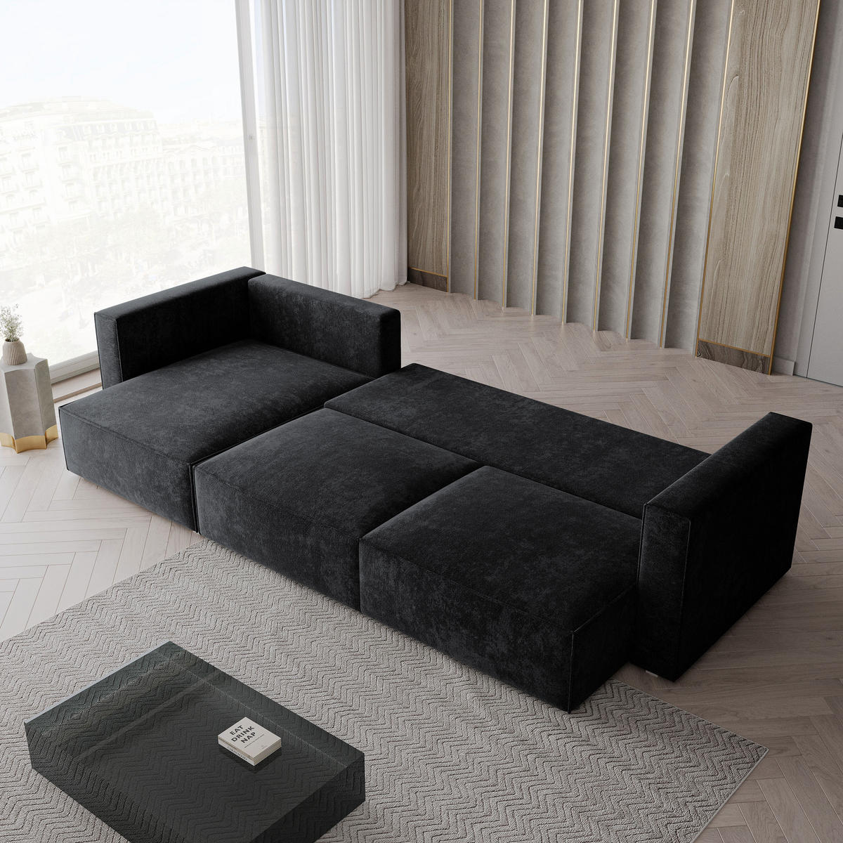 ECKSOFA TOLMO LM Schwarz Chenille mit Schlaffunktion - Schwarz, Holzwerkstoff/Textil (347/148cm) - MASSENO