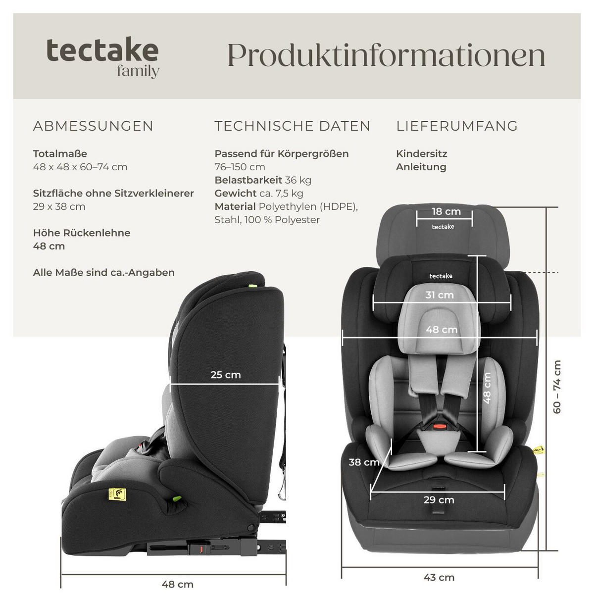 AUTOSITZ Emely,ab 15 Monaten von 76 bis 150 cm, Belastbarkeit 36 kg,dunkelgrau/schwarz - Dunkelgrau/Schwarz, Kunststoff (48/74/48cm) - tectake