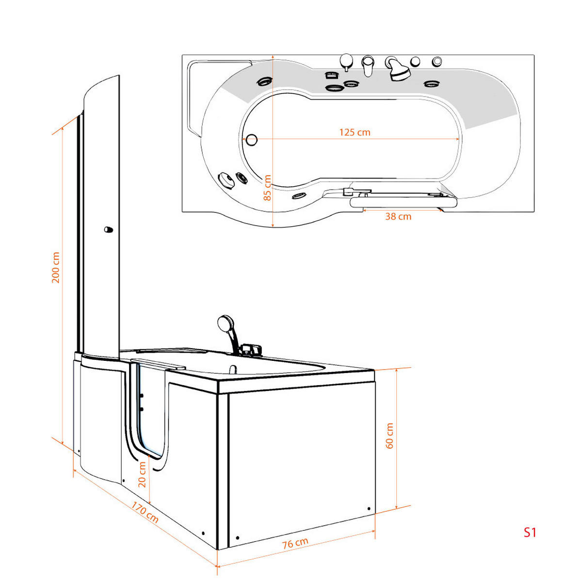 SENIORENDUSCHE mit Tür S12D-EH-R-EC 85x170 cm - Weiß, Glas/Kunststoff (85/170/200cm) - AcquaVapore by Sandra Jentho