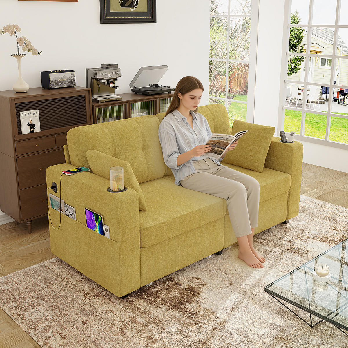 2-SITZER SOFA Chenille Senfgelb mit USB, Getränkehaltern und Stauraumschubladen - Gelb, Textil/Metall (172/82/75cm) - WISHDOR