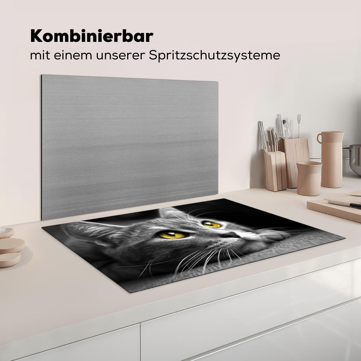 HERDABDECKPLATTE Katze - Grau - Tiere - Katze Ceranfeldabdeckung 80x52 cm - Grau, Kunststoff (80/52/0.2cm) - MuchoWow