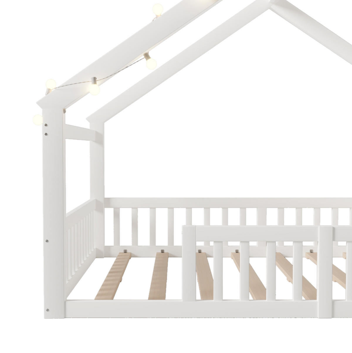 HAUSBETT aus Kiefernholz 140x190 cm Weiß mit Schutzgitter, Seitenregalen und Hausdesign mit Lichtperlen - Weiß, Holzwerkstoff (140/190cm) - Modfu