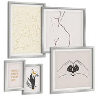 BILDER SET 5er Set - 50x50 cm & 20x30 cm & 40x60 cm Silberner Rahmen - Minimalistische Boho-Illustrationen - Silberfarben, Kunststoff (40/60cm) - TULUP