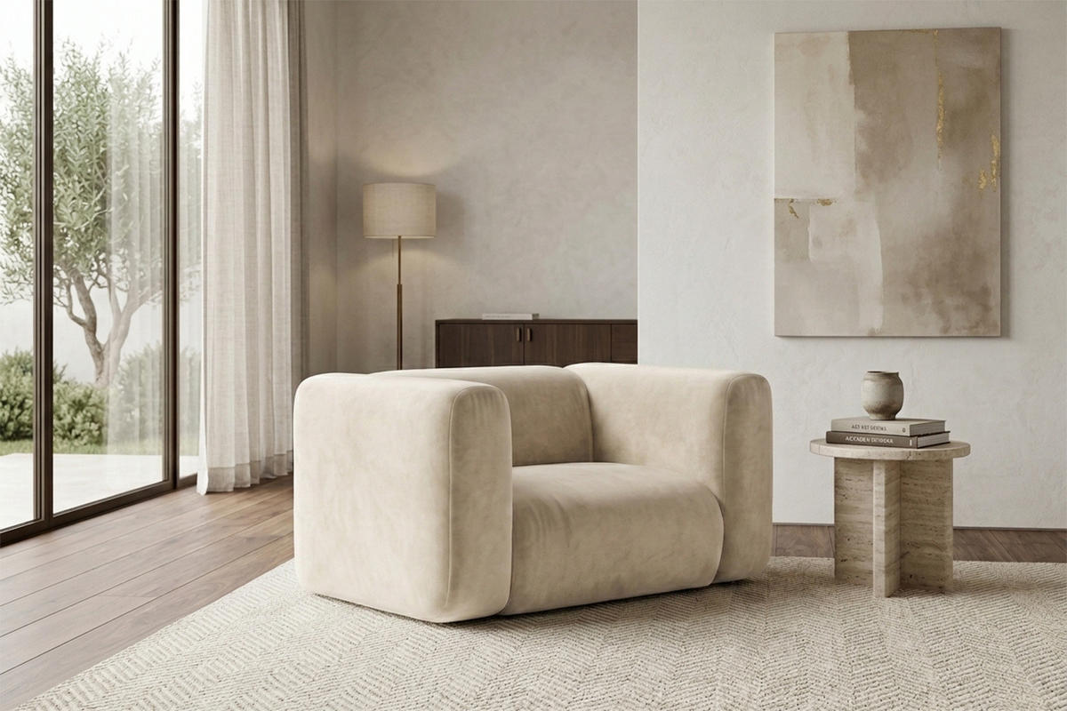 WOHNZIMMERSESSEL Aus Velvet-Stoff Bluvel, Creme, GRETA - Creme, Holz (137/70/89cm) - Kaiser Möbel