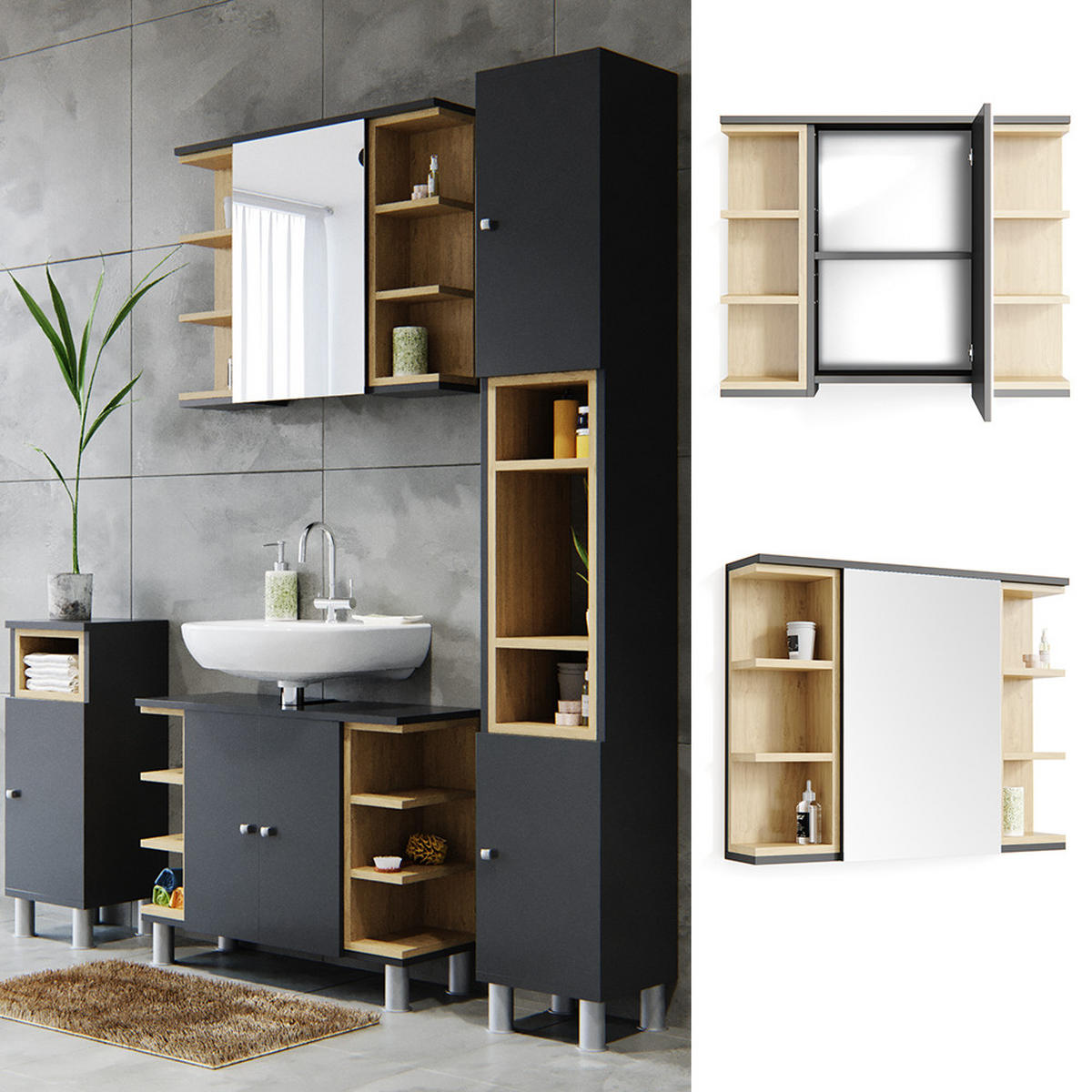BADSPIEGELSCHRANK Aquis Anthrazit 79.6 x 64 cm - Anthrazit, Holzwerkstoff (79.6/64/18cm) - Vicco