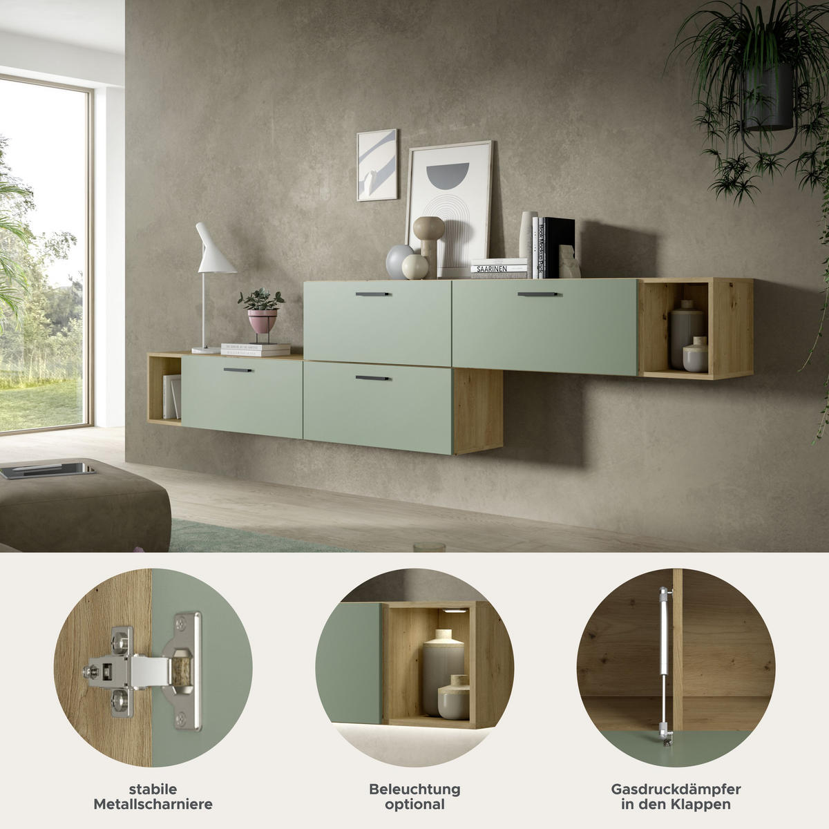 WOHNWAND The One Smoke Green 276/34/97 cm - Braun, Holzwerkstoff (276/97/34cm) - Xonox