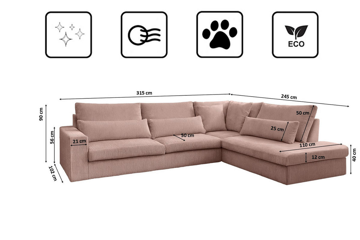 ECKSOFA L-Form SVEN Stoff Poso Rosa Rechts - Rosa, Textil (315/245cm) - Kaiser Möbel