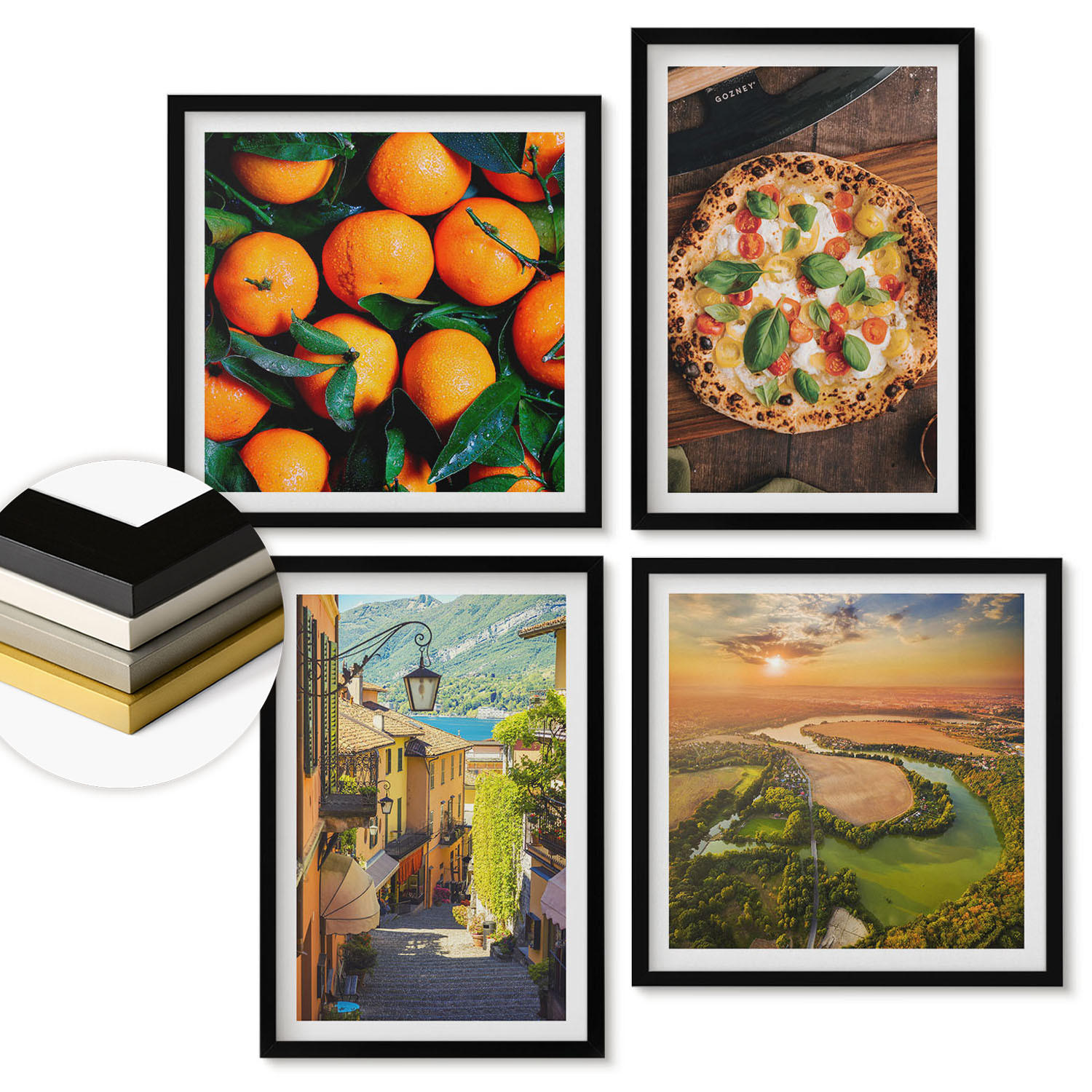 WANDBILDER 4er-Set - 50x50 cm & 40x60 cm Schwarzer Rahmen - Italienische Flüsse, Hügel, Straße - Schwarz, Kunststoff (50/50cm) - ArtPrintCave