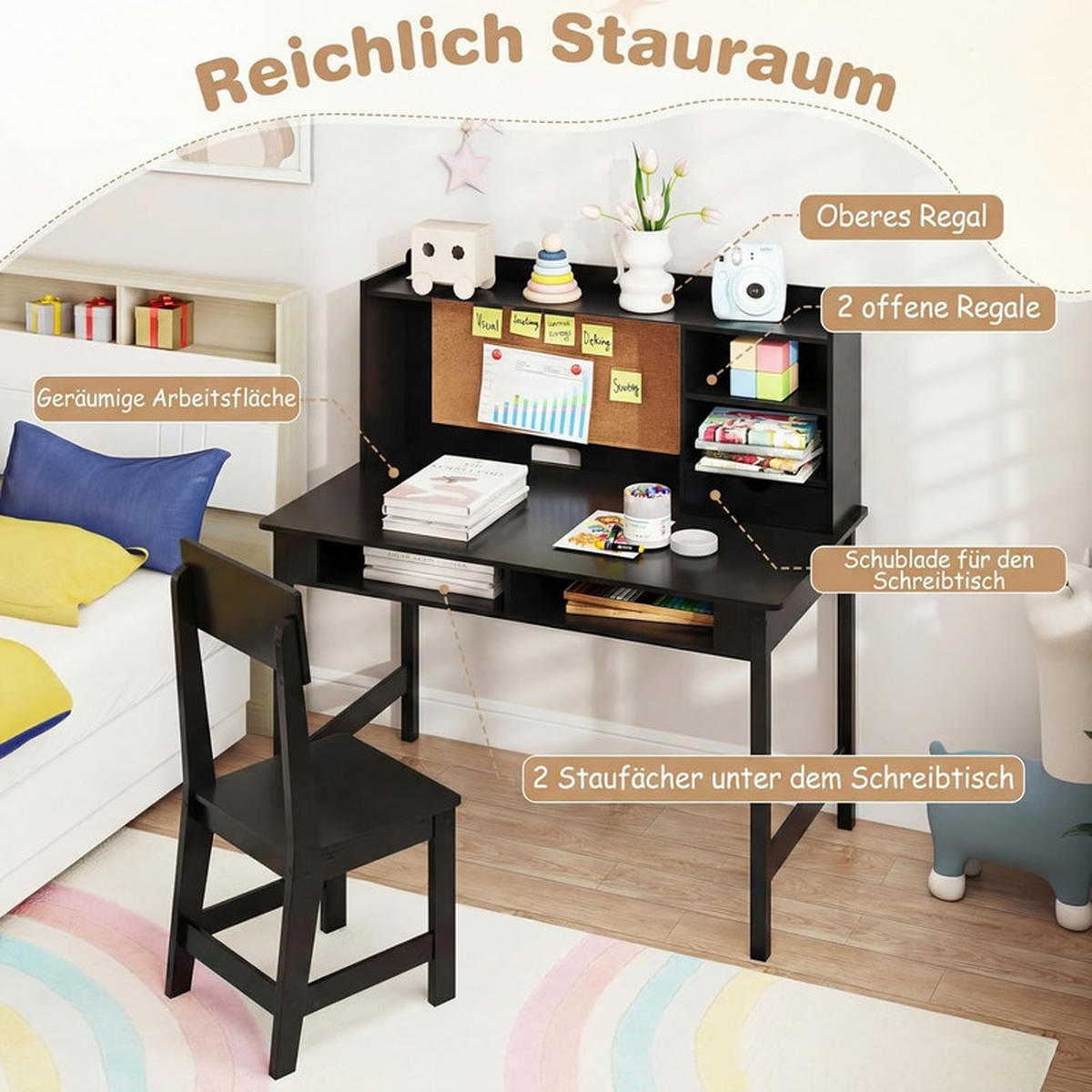 KINDERSCHREIBTISCH-SET aus Holz schwarz(2-tlg) - Schwarz, Holzwerkstoff (110/110/60cm) - COSTWAY