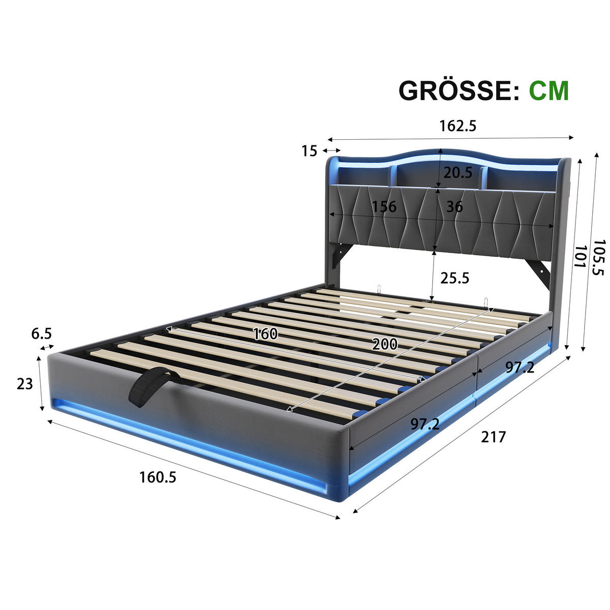 POLSTERBETT 160x200 mit stauraum, doppelbett mit LED, Bettkasten, Lattenrost, USB, Kopfteil, Samtstoff, Grau - Grau, Holz/Textil (160/200cm) - GENKI LIVING