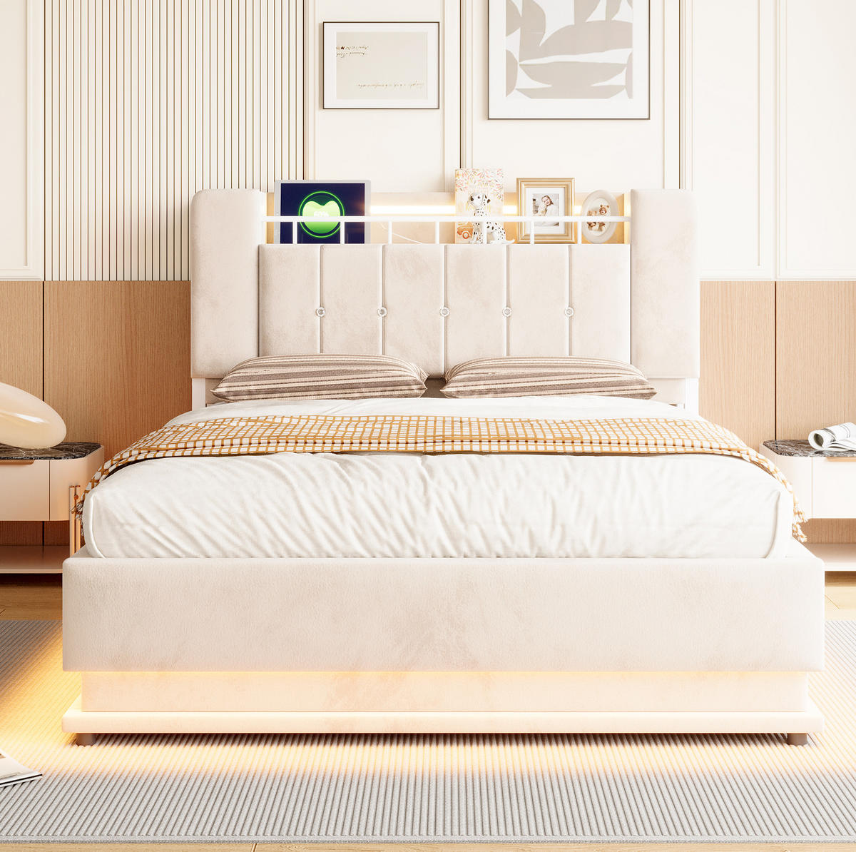 POLSTERBETT 140/200 cm in Beige mit LED-Beleuchtung und Stauraum - Beige, Textil (140/200cm) - Flora Grace