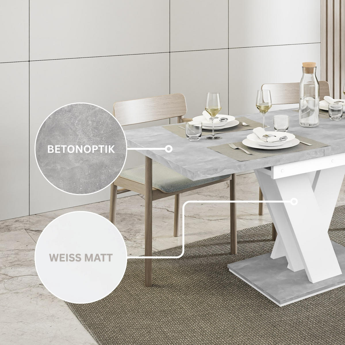 ESSTISCH Grau Betonoptik und Weiß Ausziehbar 120 - 160 cm - Weiß/Grau, Holzwerkstoff (120/80/75cm) - PROSPERO