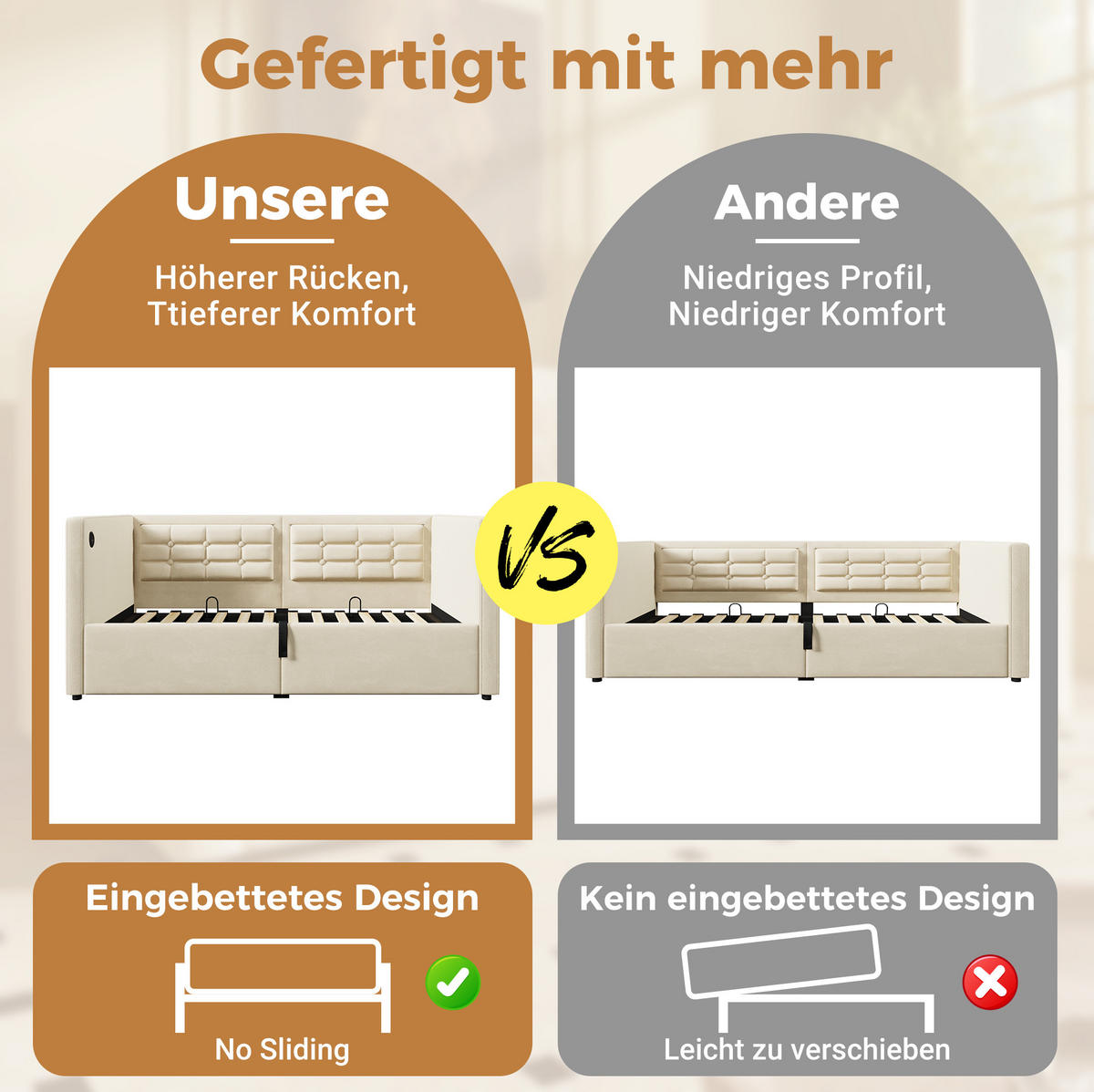 POLSTERBETT aus Samt 90x200 cm in Beige mit USB-C Ladestation & Stauraum - Beige, Textil (90/200cm) - Modfu