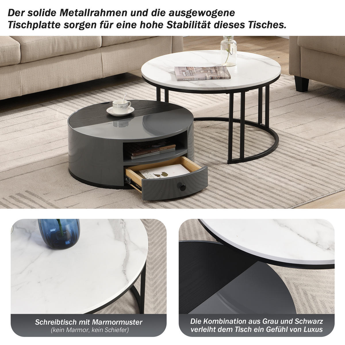 COUCHTISCH grau und weiß - Schwarz/Weiß, Holzwerkstoff/Metall (70/70/40cm) - Urban Meuble