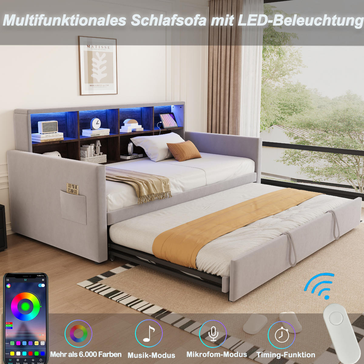 POLSTERBETT 90/180x190 cm in Hellgrau aus Samt mit LED und Stauraum - Hellgrau, Textil (90/190cm) - Flora Grace