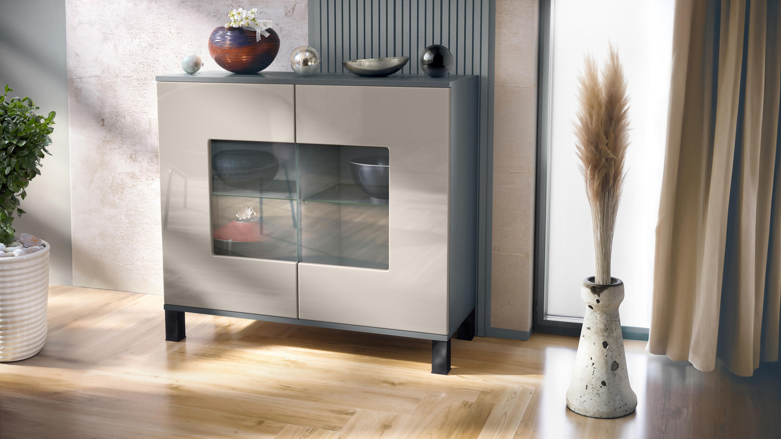 KOMMODE Grömitz Sandgrau Hochglanz - Sandfarben, Holzwerkstoff (92.5/84.5/35cm) - Vladon