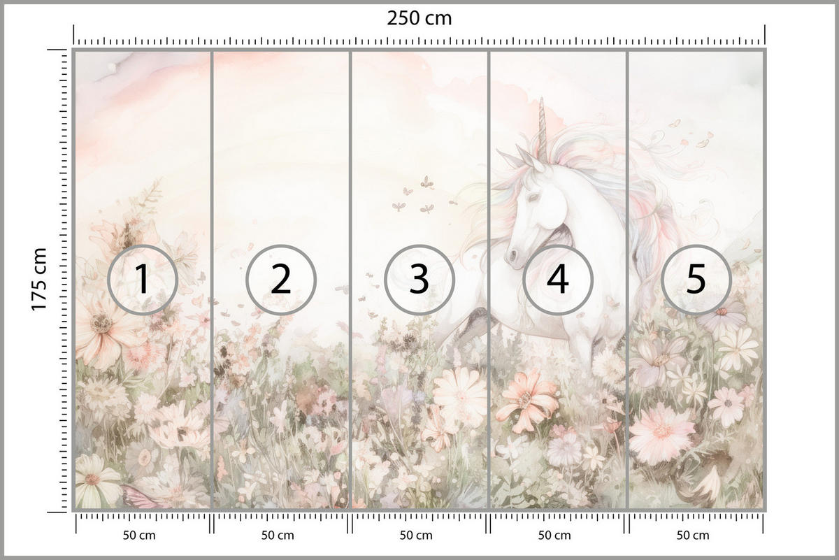 FOTOTAPETE für Kinder Einhorn Blumen Aquarell 250x175 - Gelb/Beige, Papier (250/175cm) - Muralo