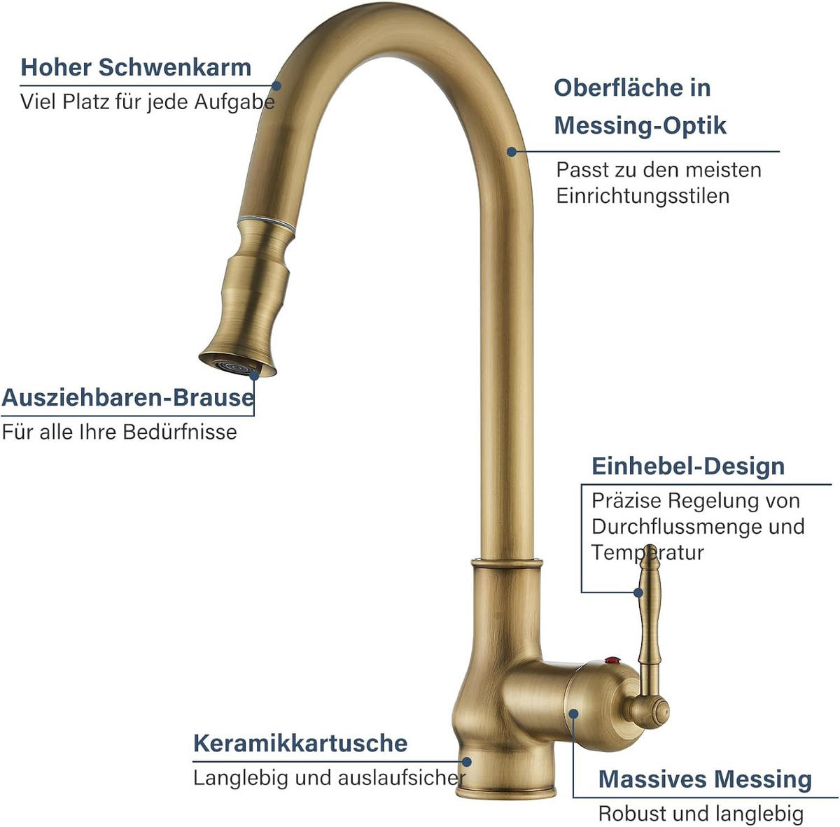 KÜCHENARMATUR im Antik-Stil mit Ausziehfunktion, goldfarben, 58 x 26 x 8 cm - Goldfarben, Metall (58/8/26cm) - Vallsero
