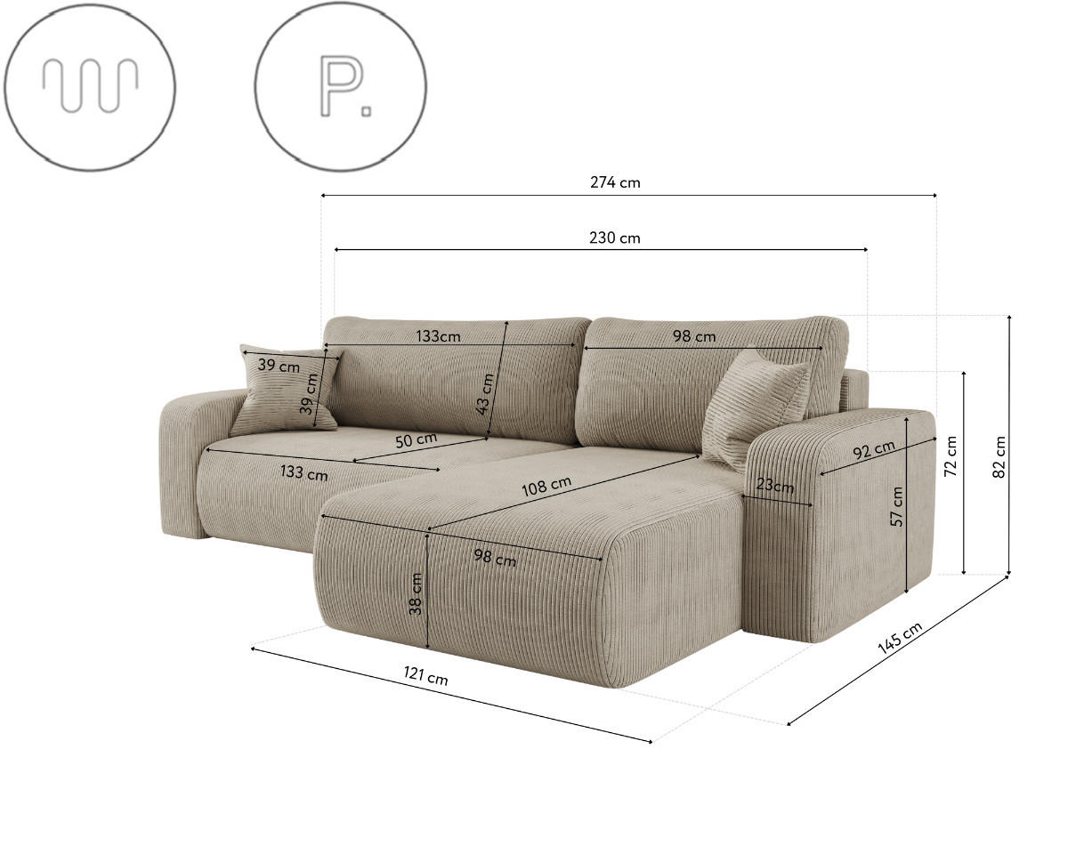 SCHLAFSOFA MILANO XL und bettkasten stoff Poso Dicker Cord Dunkelbeige Rechts - Sandfarben/Beige, Holz (274/82/145cm) - Kaiser Möbel