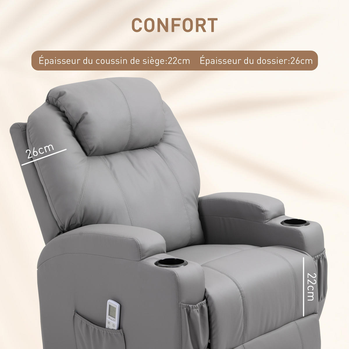 MASSAGESESSEL DE-15343 elektrisch verstellbar mit 8 Vibrationspunkten Grau - Hellgrau, Leder (97/110/82cm) - ComfortXL