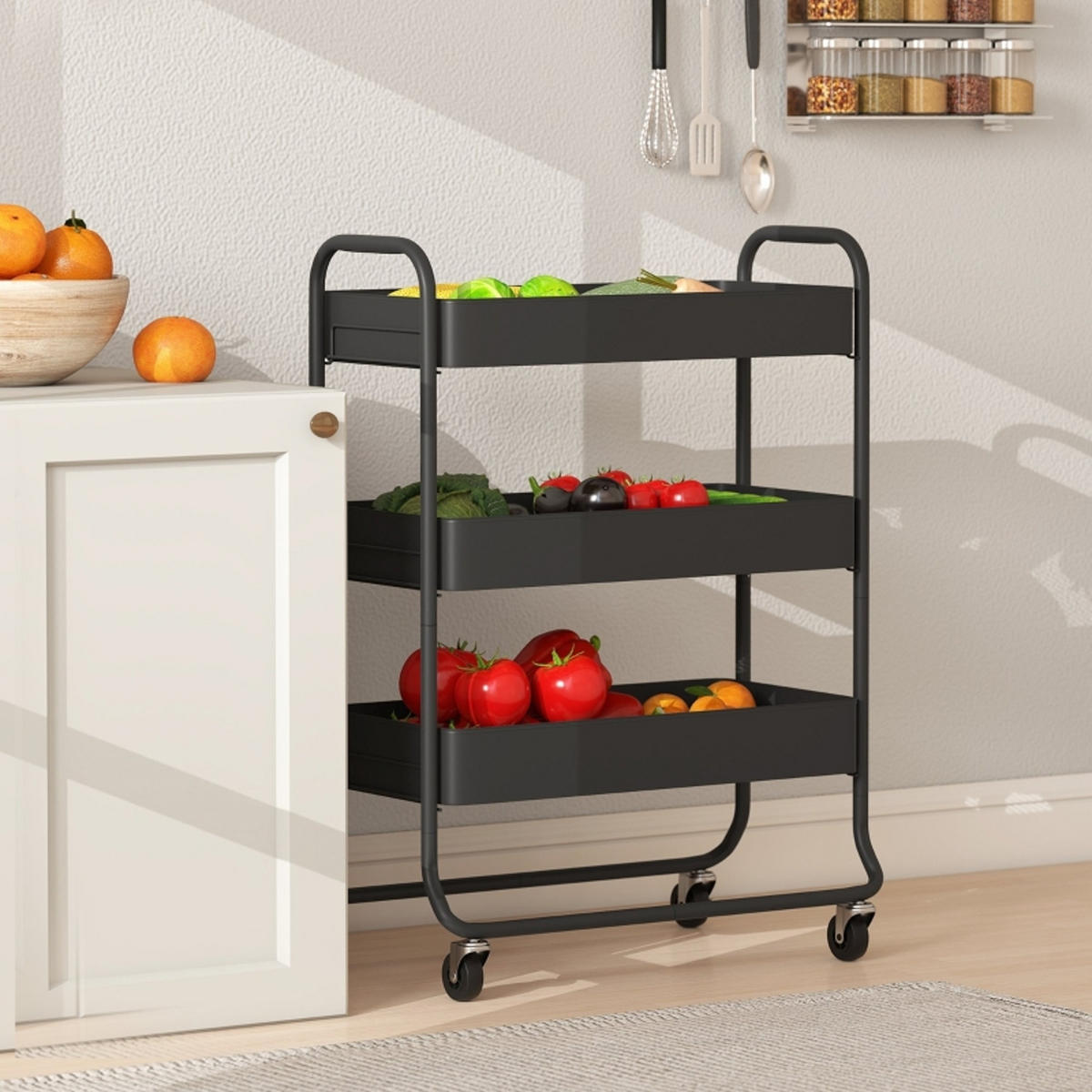 KÜCHENWAGEN Metall Schwarz, ROLLWAGEN MIT 3 KÖRBEN, Für Küche Und Wohnzimmer - Schwarz, Holzwerkstoff (34/87/64.5cm) - Rolipo