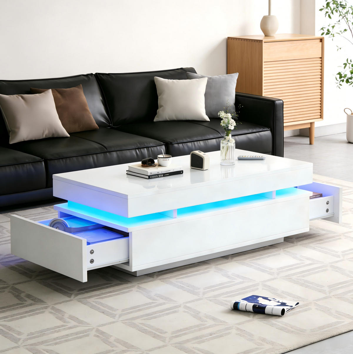 COUCHTISCH aus Spanplatte 100x50x35 cm in Weiß mit 2 Schubladen & LED - Weiß, Holzwerkstoff (100/50/35cm) - Modfu