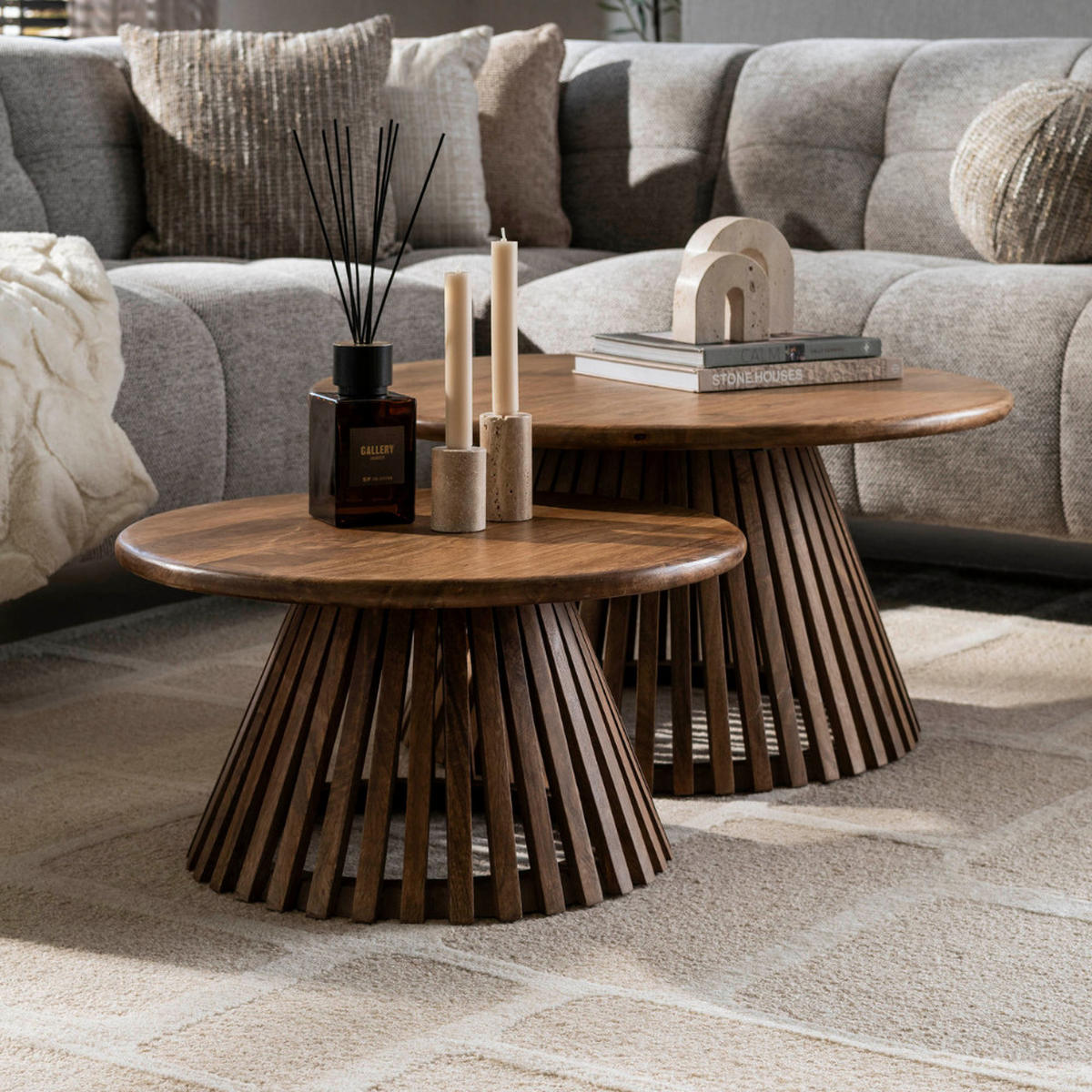 COUCHTISCH-SET VICO AIR Design-Satztische mit offenem Lamellen-Konus - Sandfarben, Holz (80/80/40cm) - alesvelt