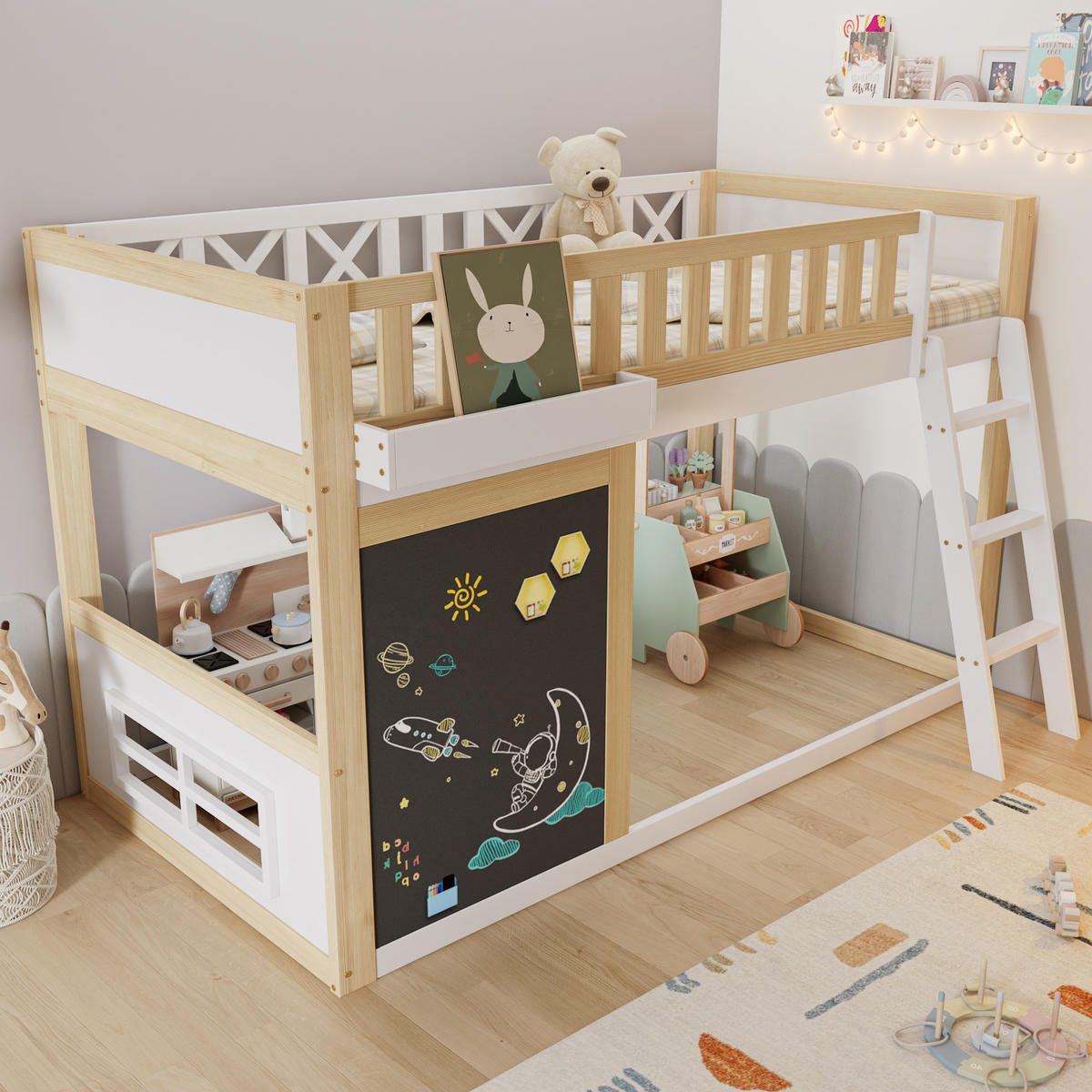 HOCHBETT 90/200 cm mit Tafel, Aufbewahrungsbox und Schrägleiter, Weiß/Natur - Weiß, Holzwerkstoff (90/200cm) - Redom