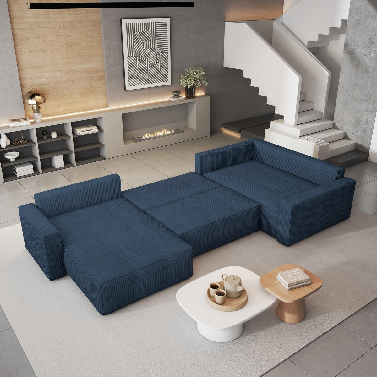 WOHNLANDSCHAFT VELAMI R-S Blau Kordstoff mit Schlaffunktion - Blau, Holz (365/83/194cm) - MASSENO