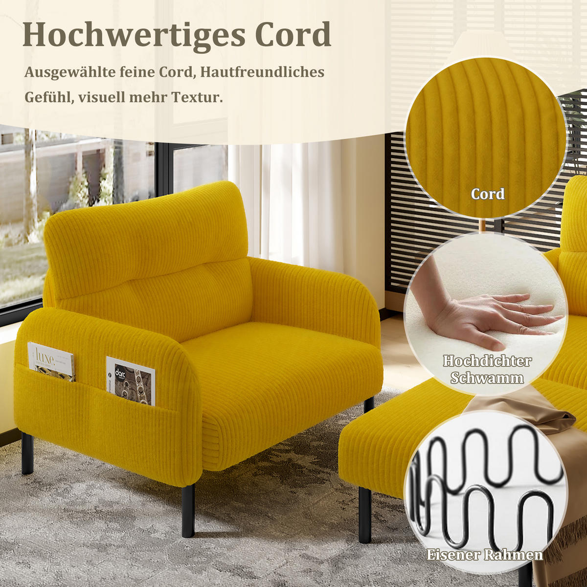 SOFA Set, 2-Sitzer+Sessel+Hocker, Cord, Gelb - Gelb/Schwarz, Textil/Metall (120/79/75cm) - LVHOM
