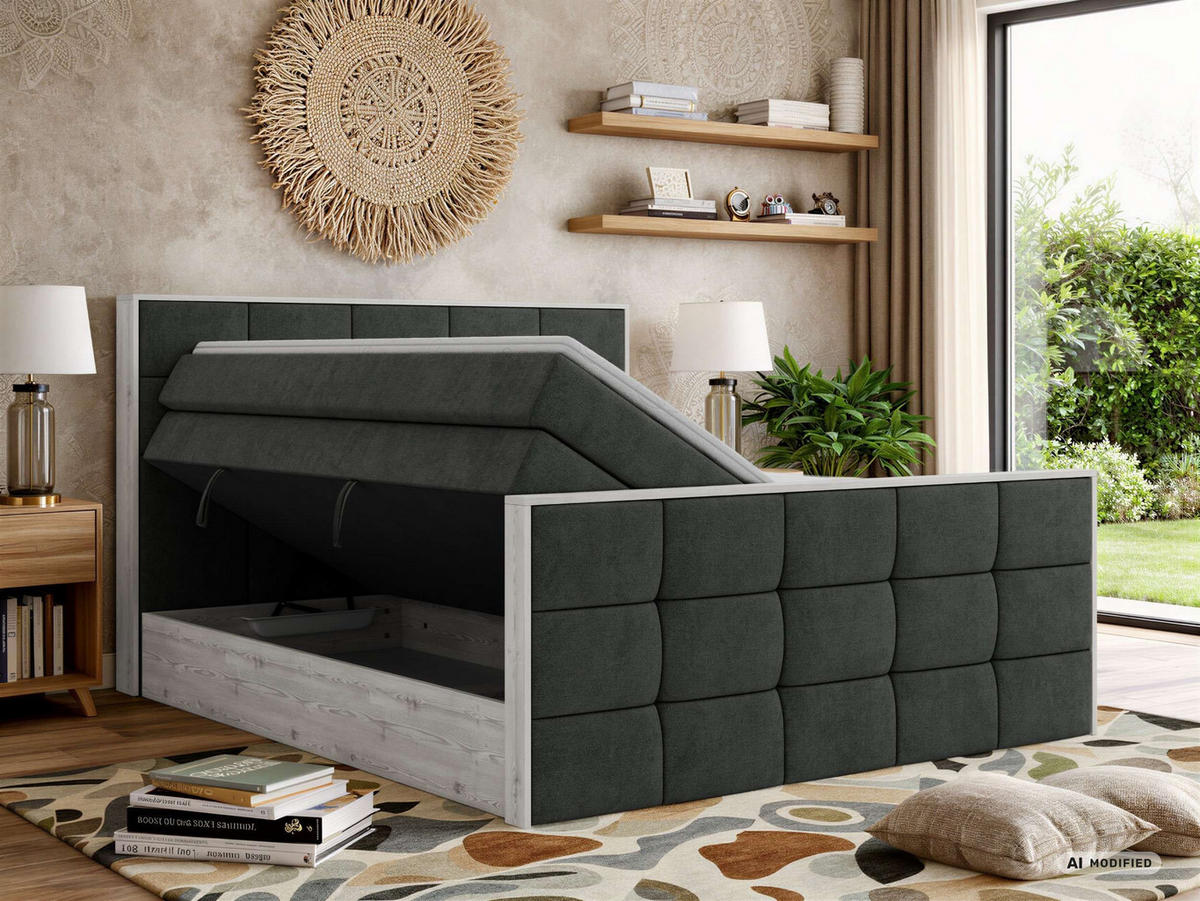 BOXSPRINGBETT ALNOR KING DUO 180/200 - Dunkelgrau Stukture - Topper Visco - H4 - Dunkelgrau/Schwarz, Kunststoff/Textil (180/200cm) - MKS