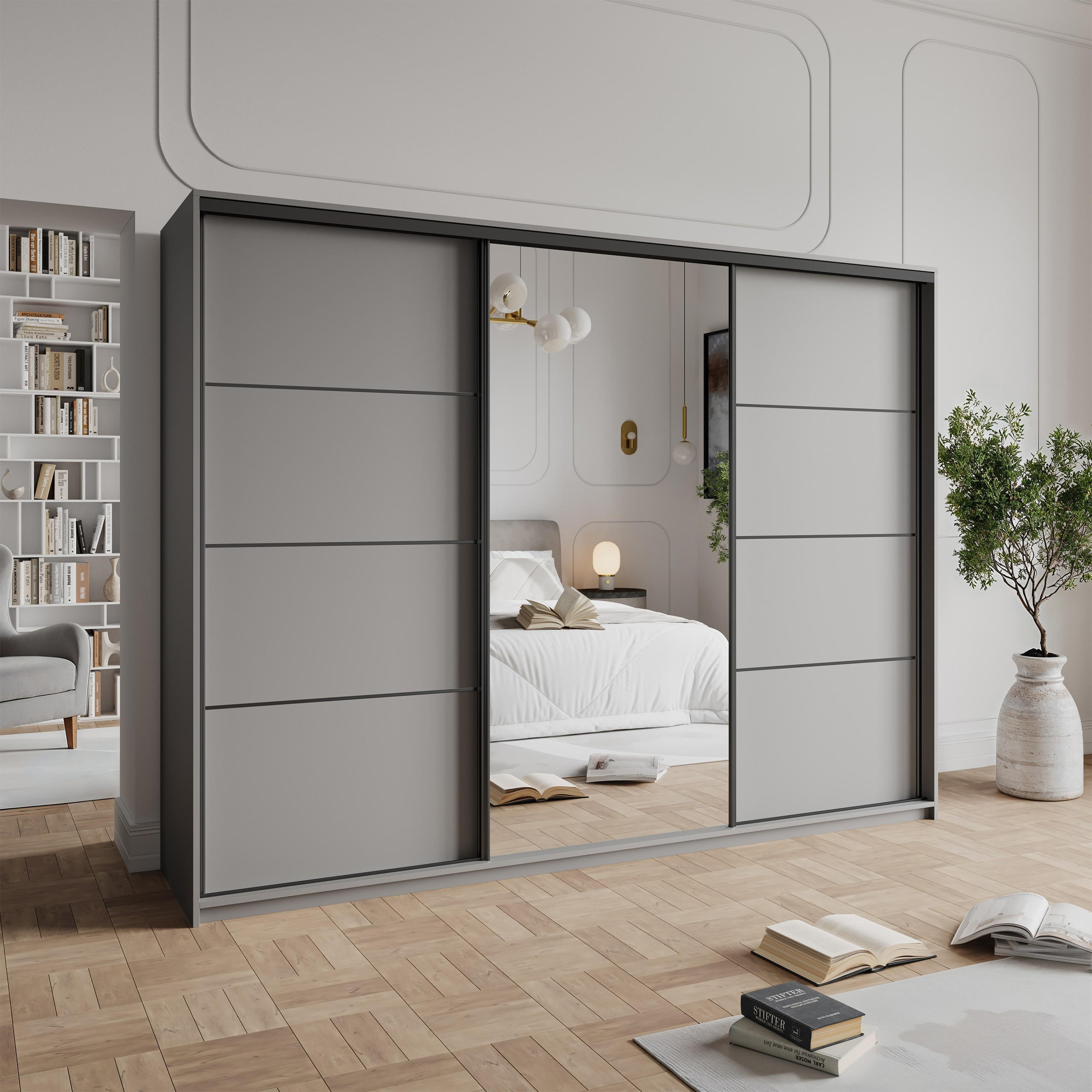 SCHWEBETÜRENSCHRANK VARO 250/205/60 cm 3-türig mit Spiegel und Schubladen Graphitfarben - Graphitfarben/Schwarz, Holzwerkstoff (250/205/60cm) - MASSENO