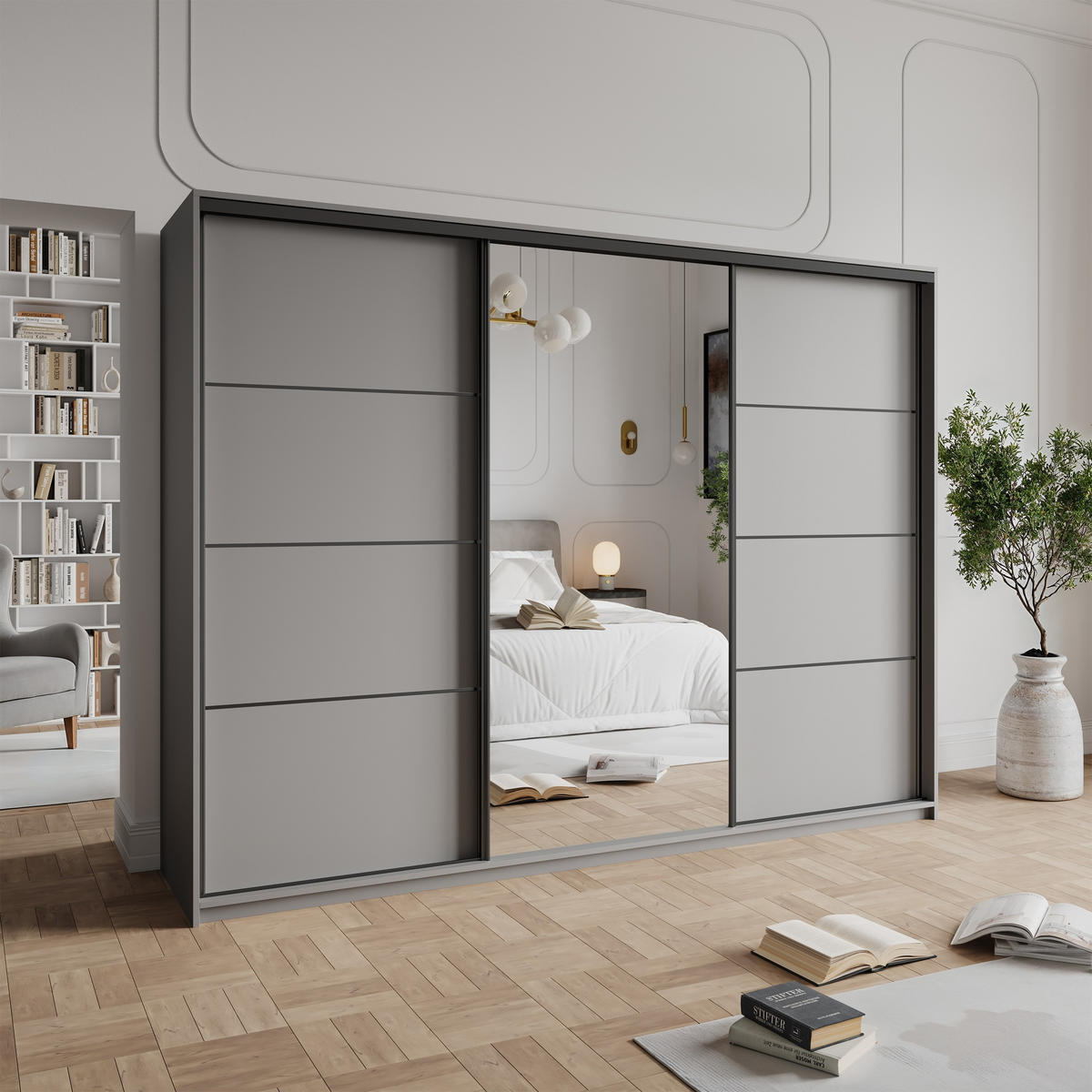 SCHWEBETÜRENSCHRANK VARO 250/205/60 cm 3-türig mit Spiegel und Schubladen Graphitfarben - Graphitfarben/Schwarz, Holzwerkstoff (250/205/60cm) - MASSENO