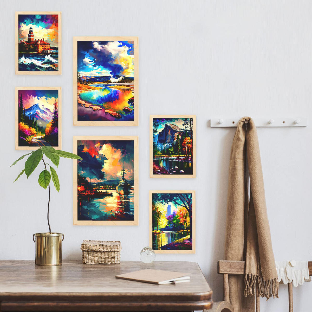 POSTER Set Mit 6 Wolken Im Ölgemälde Stil A3 & A4 Rahmen Aus Hellem Holz - Beige, Papier (29/3cm) - Nacnic