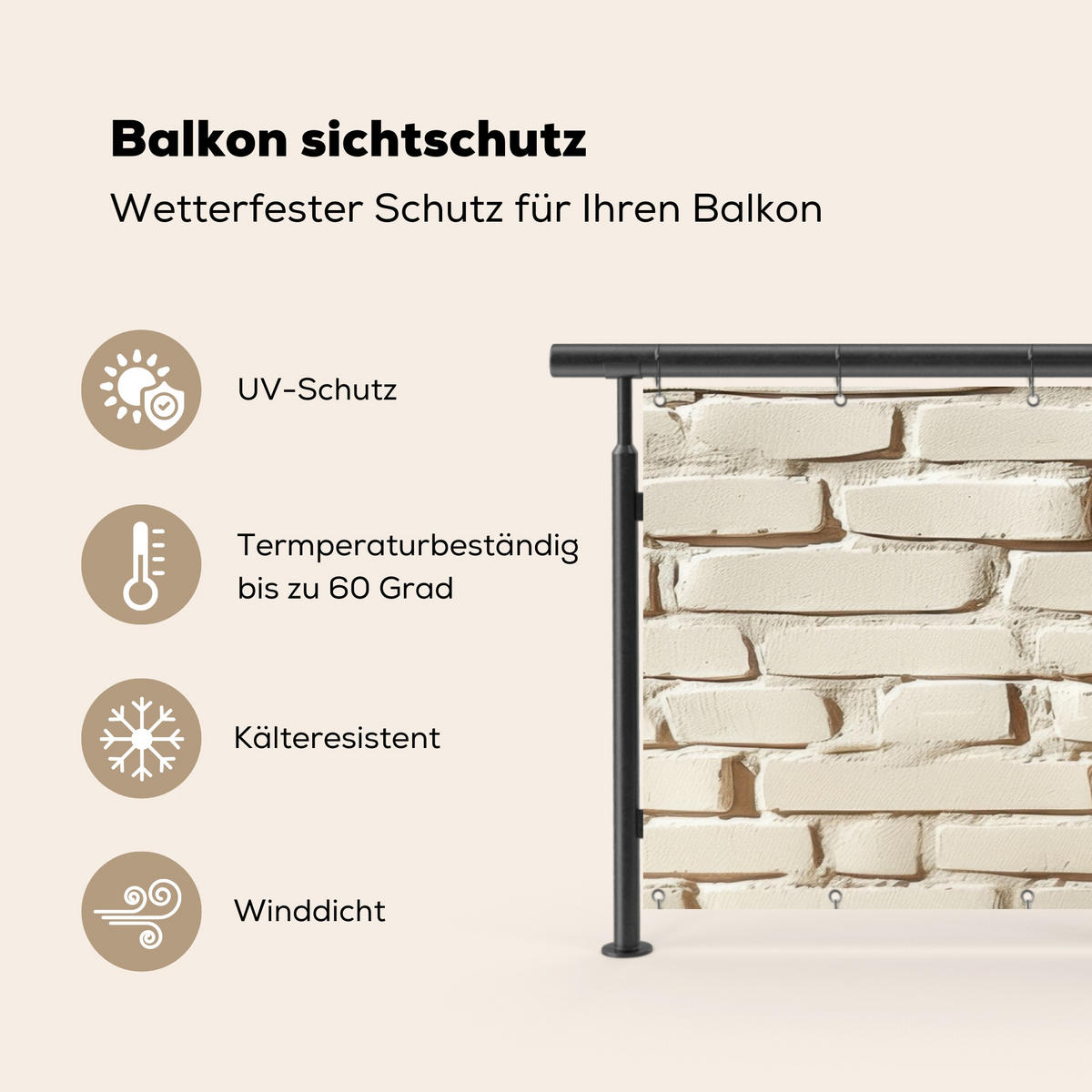BALKON-SICHTSCHUTZ Ziegel - Wand - Licht - Weiß - Creme, Kunststoff (300/120cm) - MuchoWow
