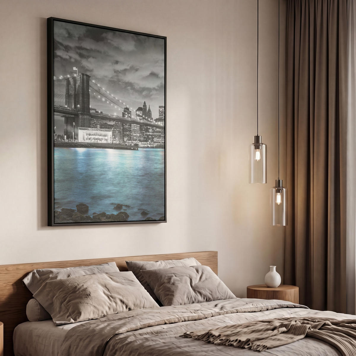 LEINWAND Bilder mit Rahmen - New York - Skyline - Stadt - Blau - 60x90 - Blaugrau, Textil (60/90cm) - MuchoWow